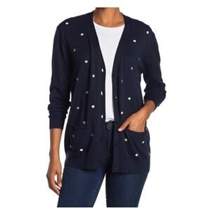 J.Crew Polka Dot Front Button V-Neck Pocket Cardigan Sz Small Navy and White NWT